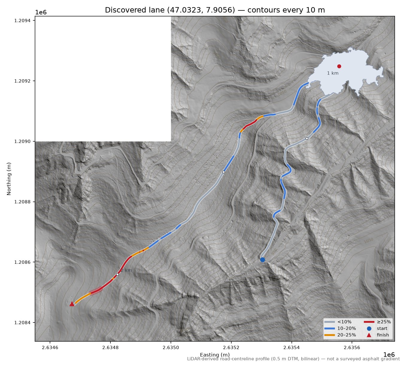 Discovered lane (47.0323, 7.9056) LiDAR hillshade map with contours