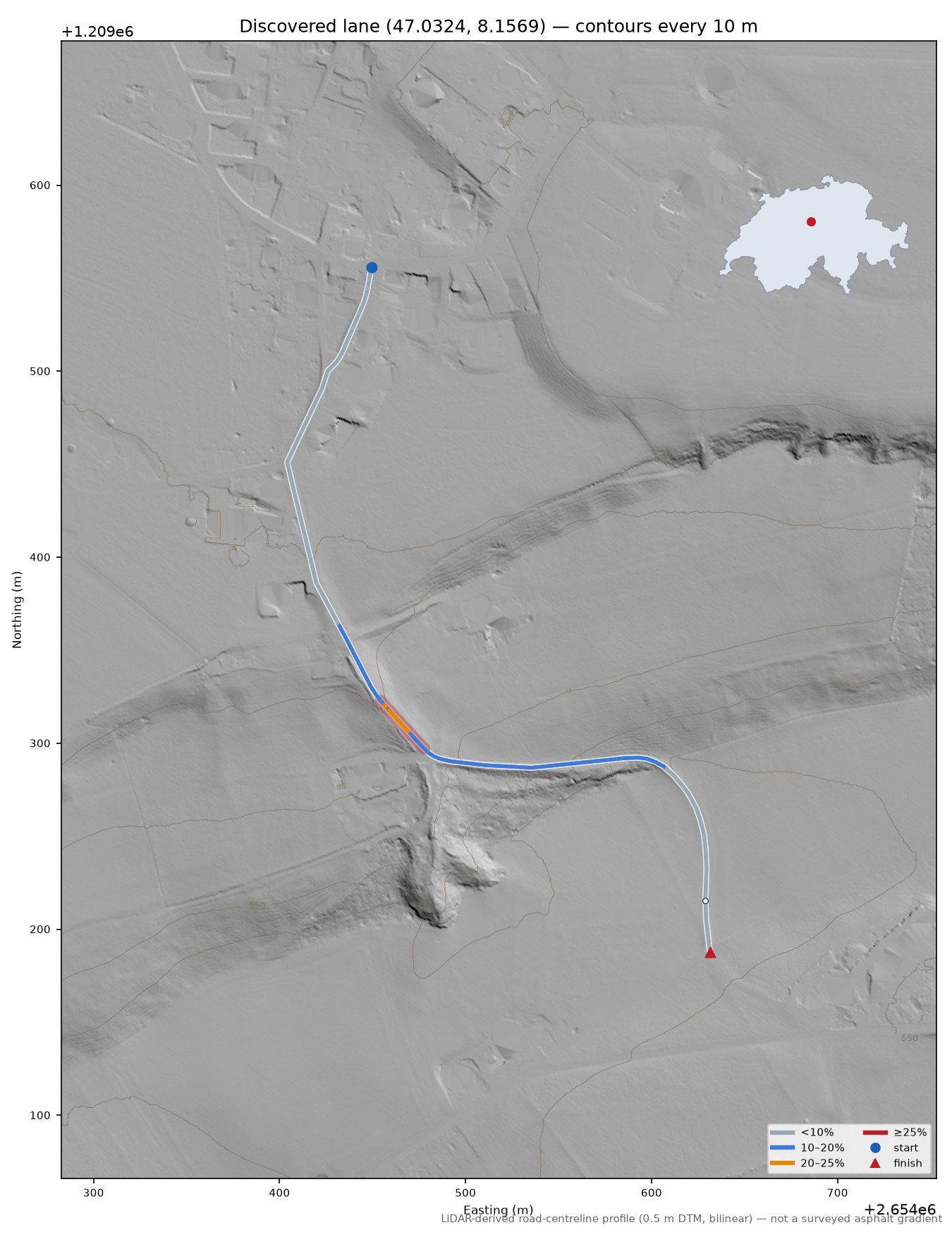Discovered lane (47.0324, 8.1569) LiDAR hillshade map with contours