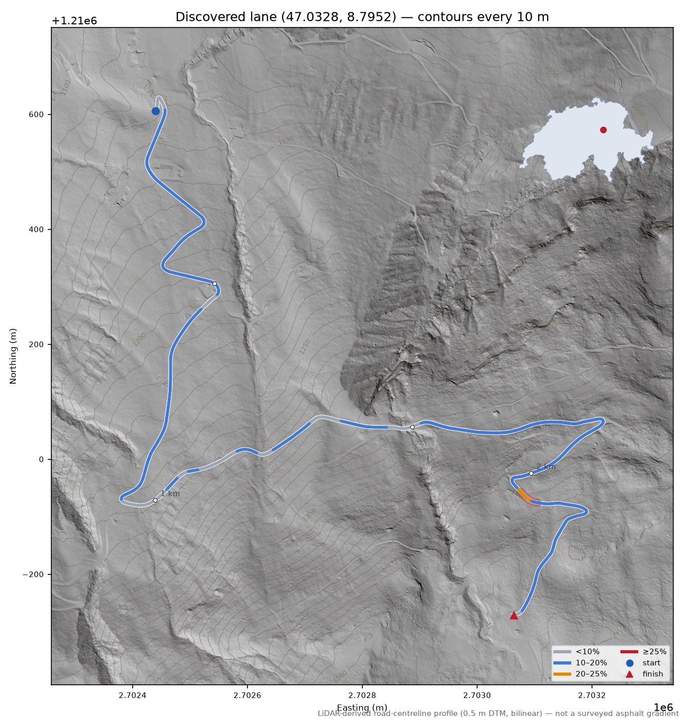 Discovered lane (47.0328, 8.7952) LiDAR hillshade map with contours
