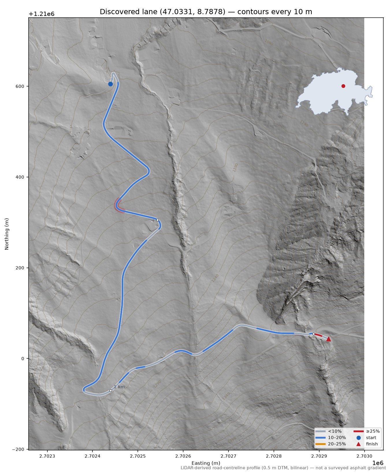 Discovered lane (47.0331, 8.7878) LiDAR hillshade map with contours