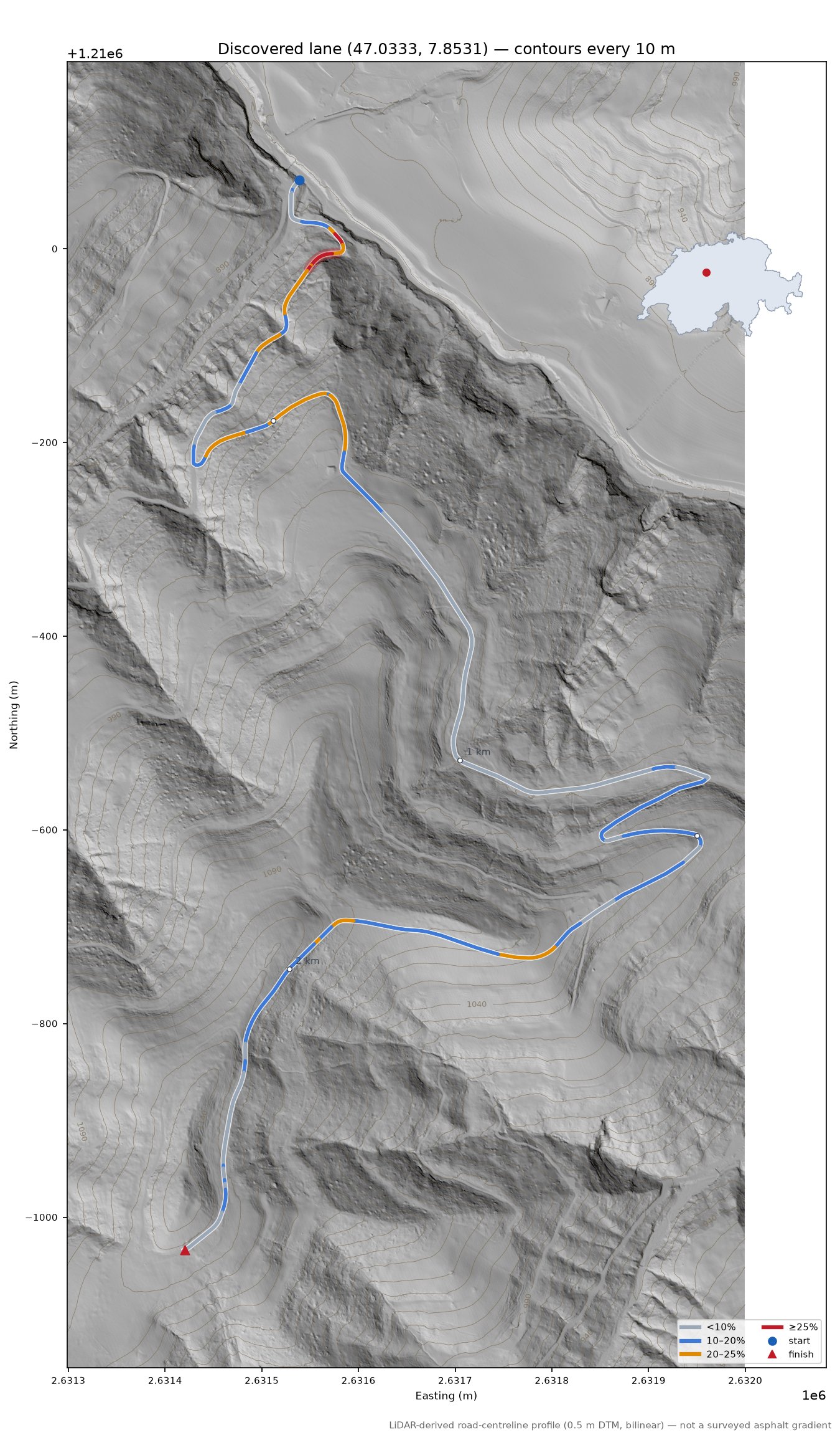 Discovered lane (47.0333, 7.8531) LiDAR hillshade map with contours