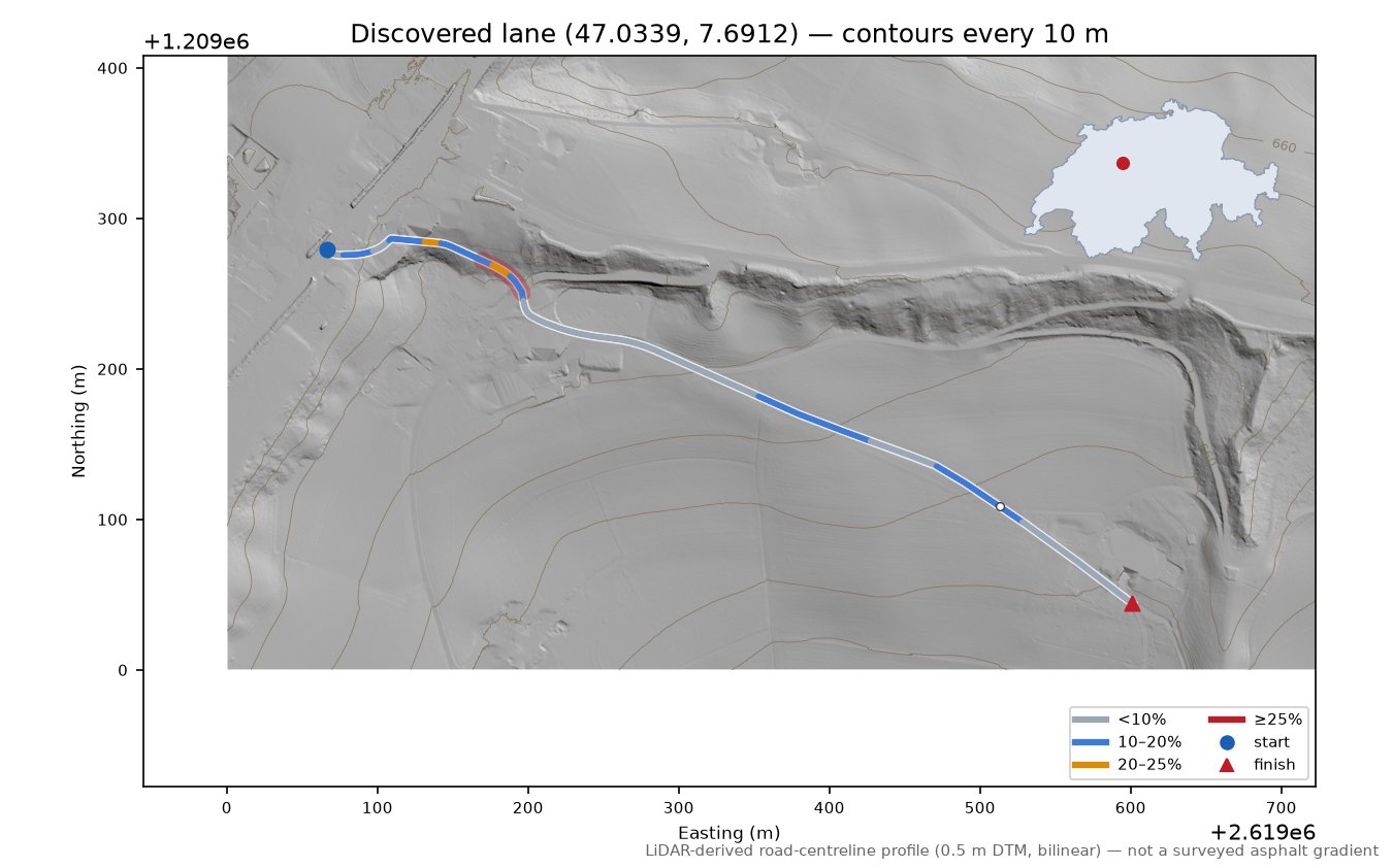 Discovered lane (47.0339, 7.6912) LiDAR hillshade map with contours