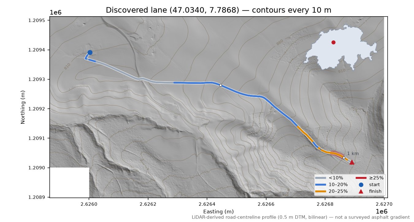 Discovered lane (47.0340, 7.7868) LiDAR hillshade map with contours
