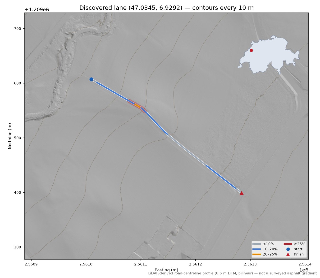 Discovered lane (47.0345, 6.9292) LiDAR hillshade map with contours