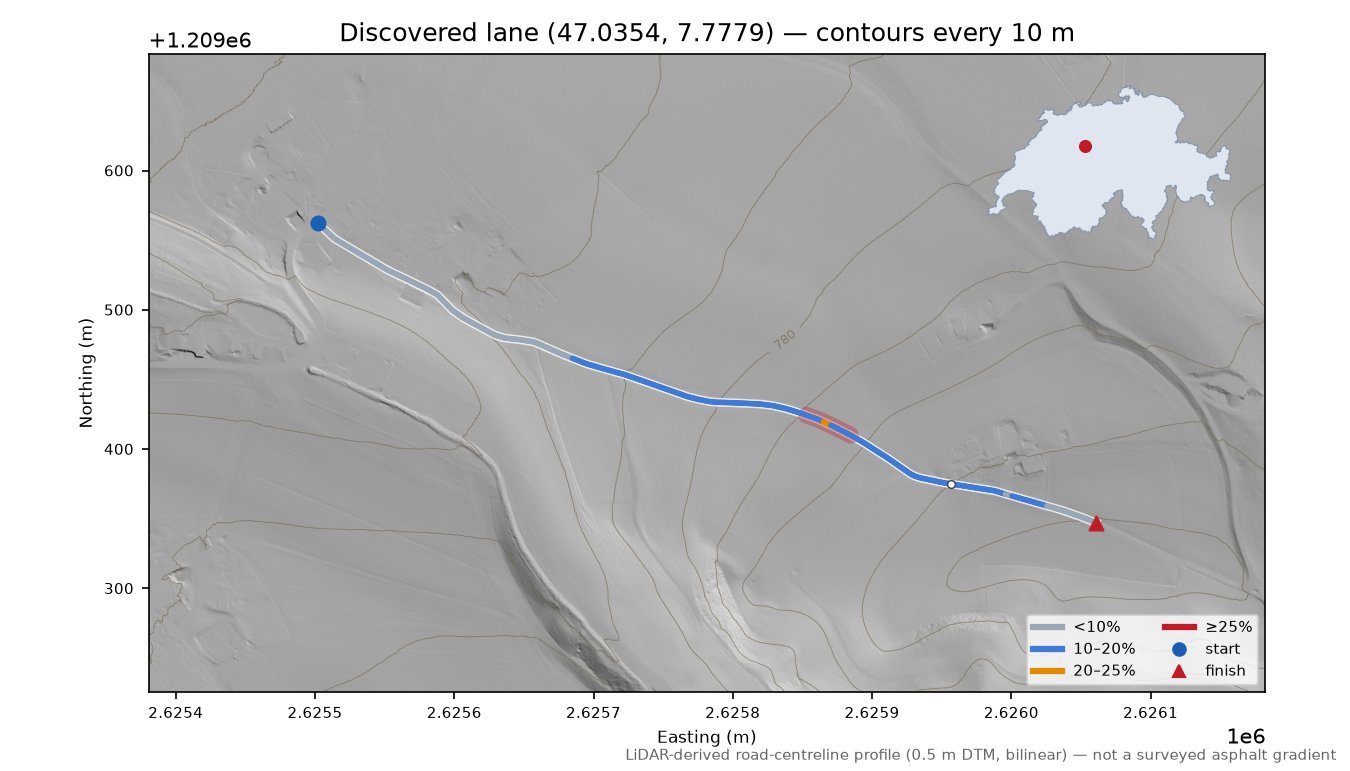 Discovered lane (47.0354, 7.7779) LiDAR hillshade map with contours