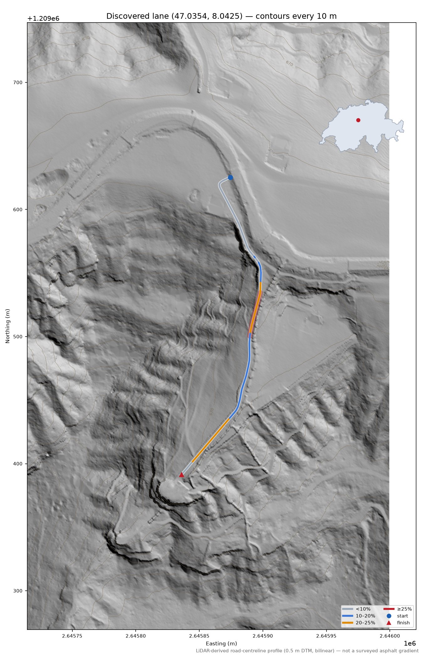 Discovered lane (47.0354, 8.0425) LiDAR hillshade map with contours