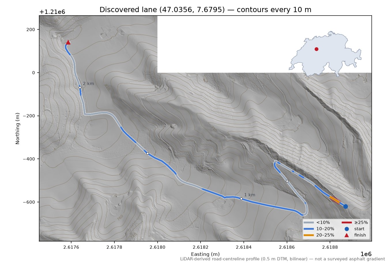 Discovered lane (47.0356, 7.6795) LiDAR hillshade map with contours