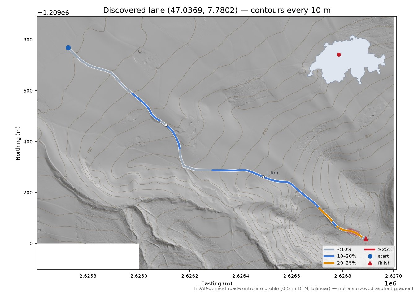 Discovered lane (47.0369, 7.7802) LiDAR hillshade map with contours