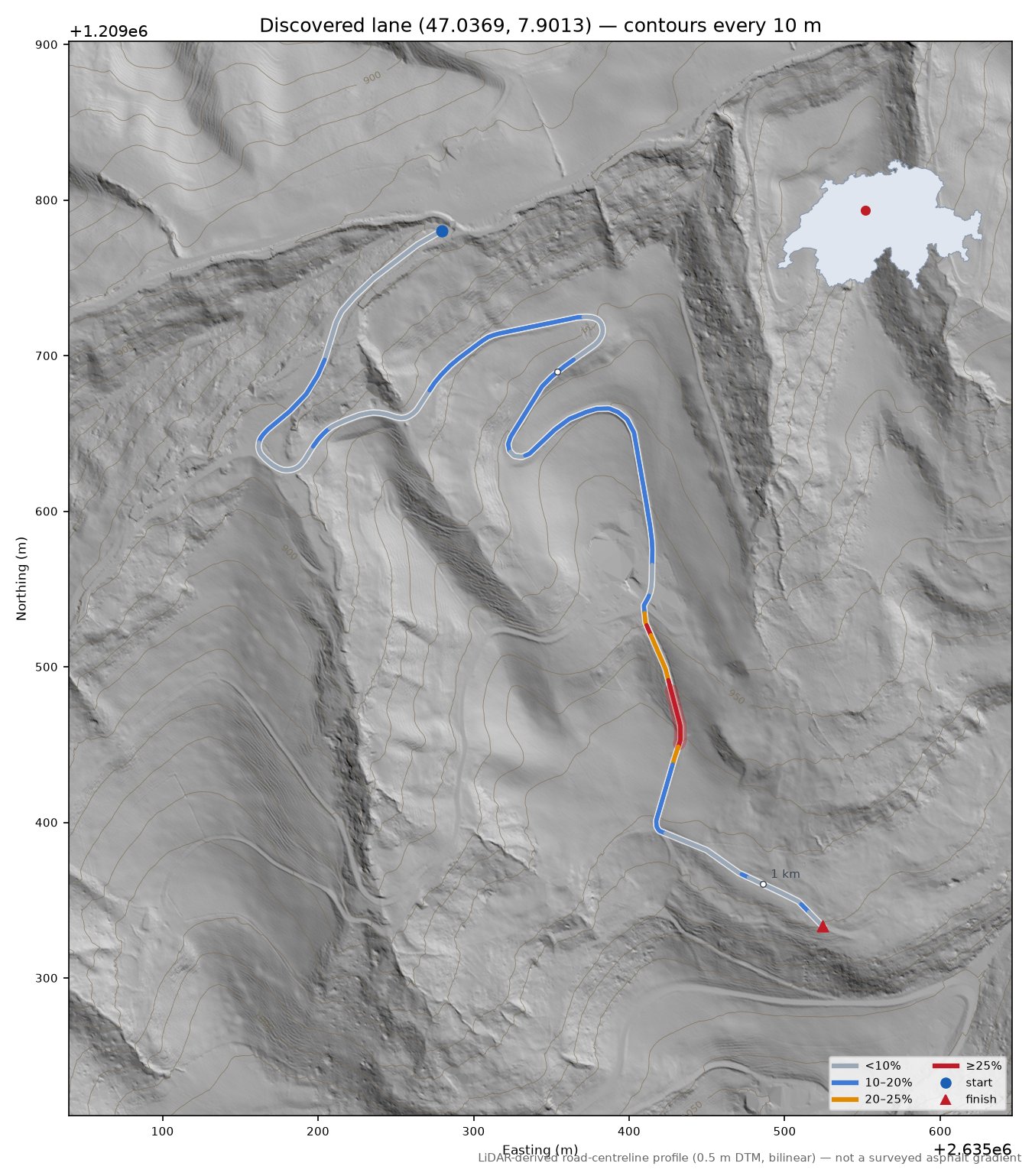 Discovered lane (47.0369, 7.9013) LiDAR hillshade map with contours