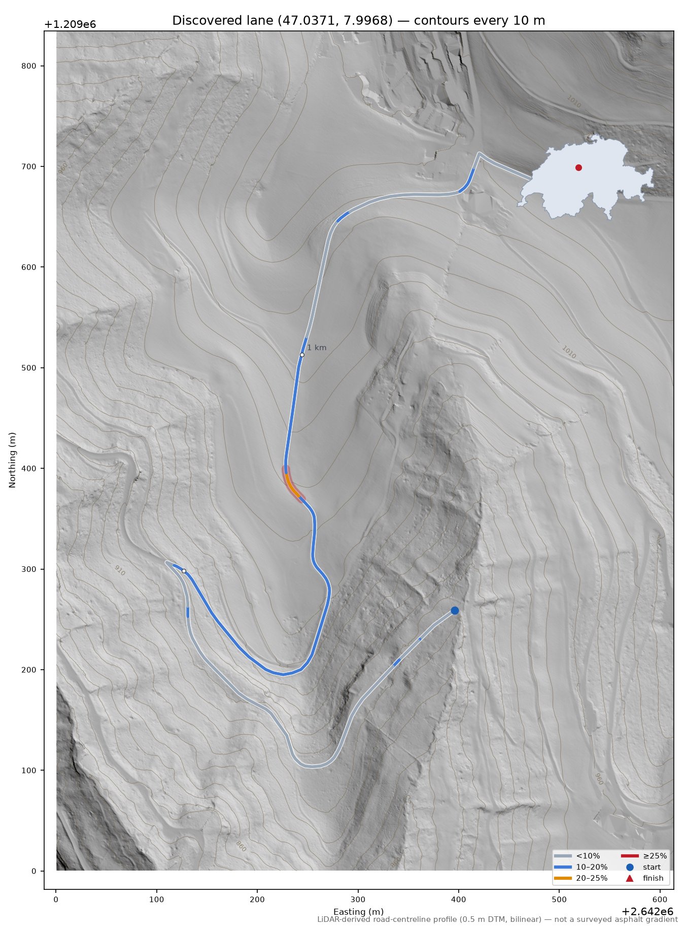 Discovered lane (47.0371, 7.9968) LiDAR hillshade map with contours