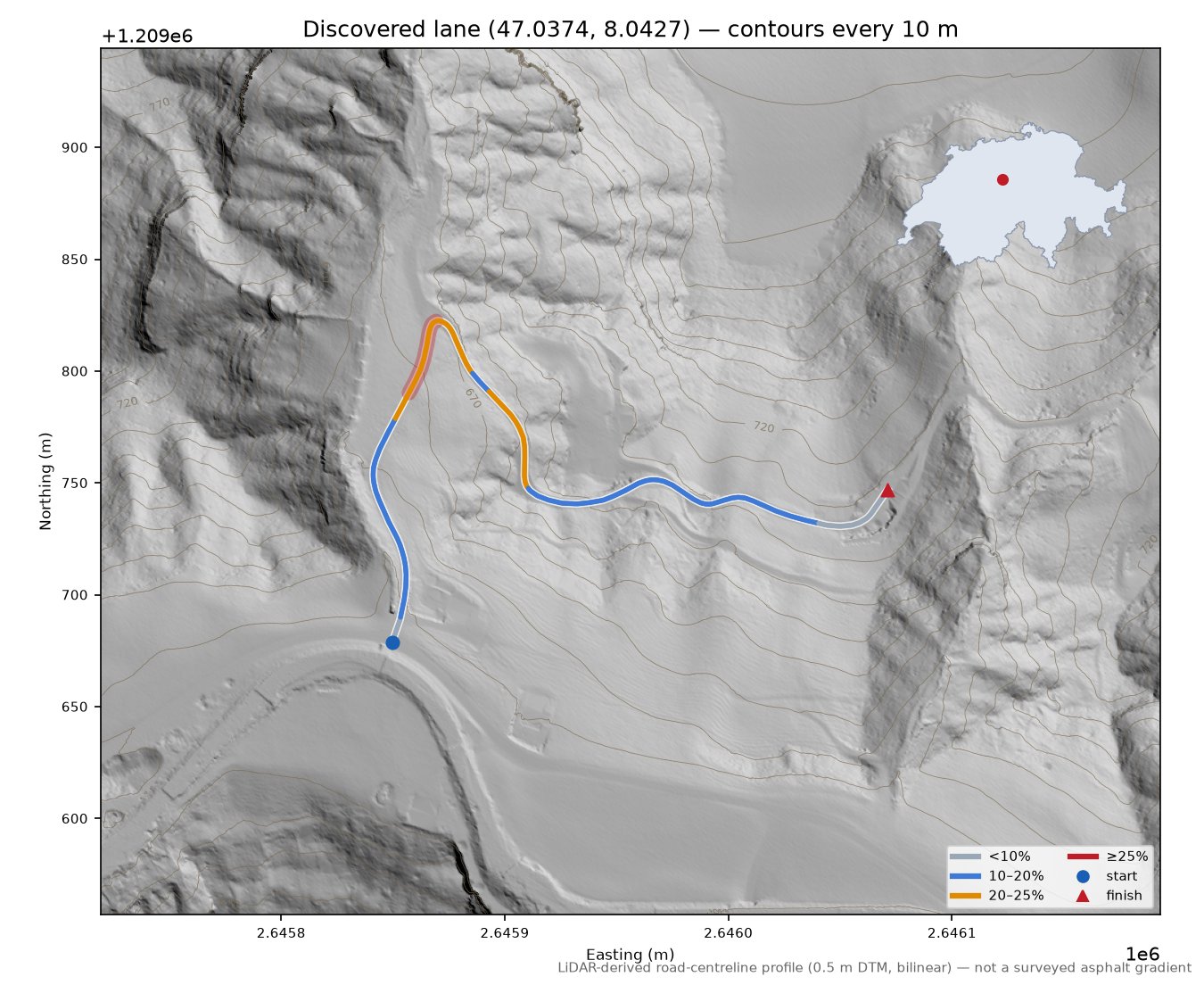 Discovered lane (47.0374, 8.0427) LiDAR hillshade map with contours