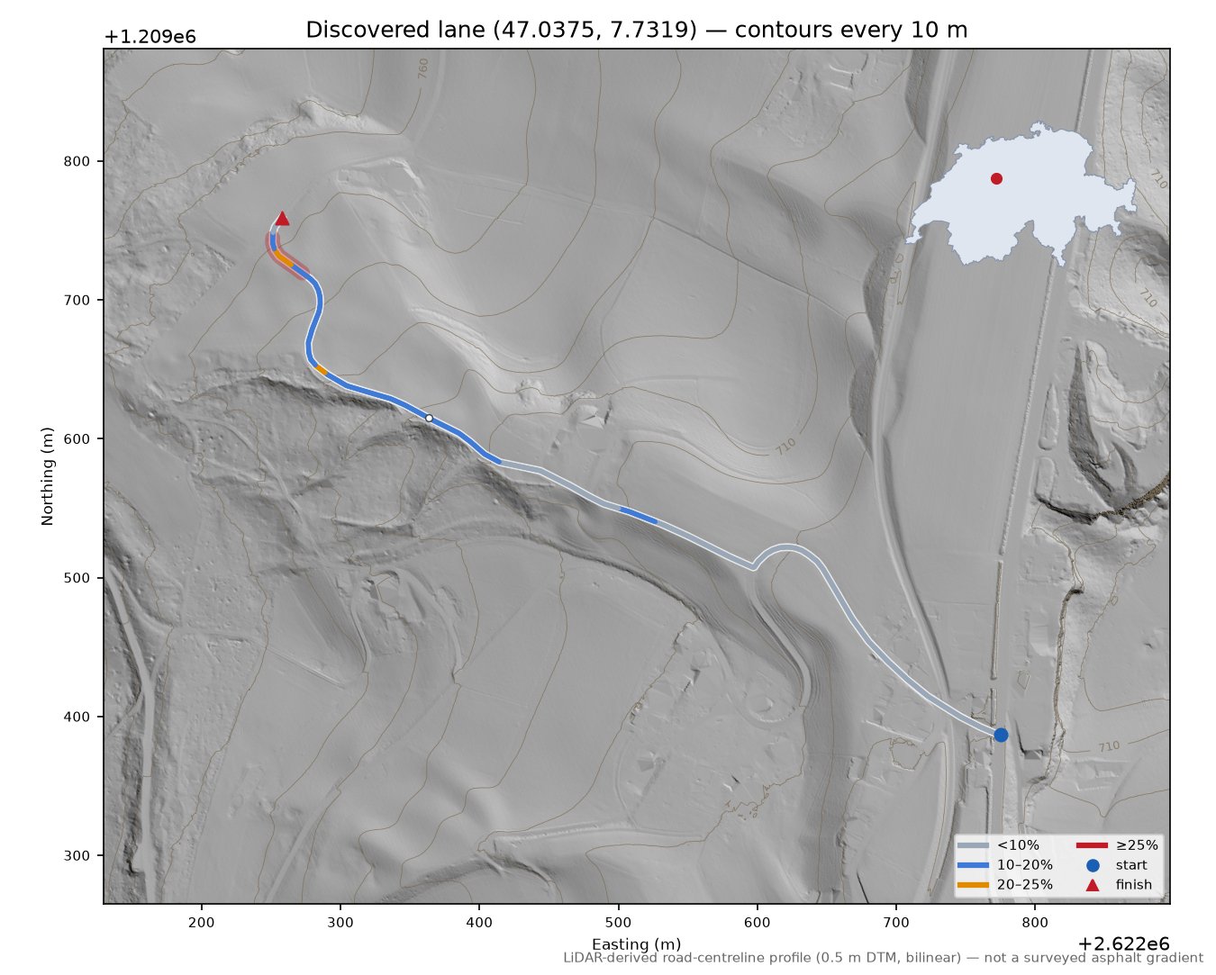 Discovered lane (47.0375, 7.7319) LiDAR hillshade map with contours