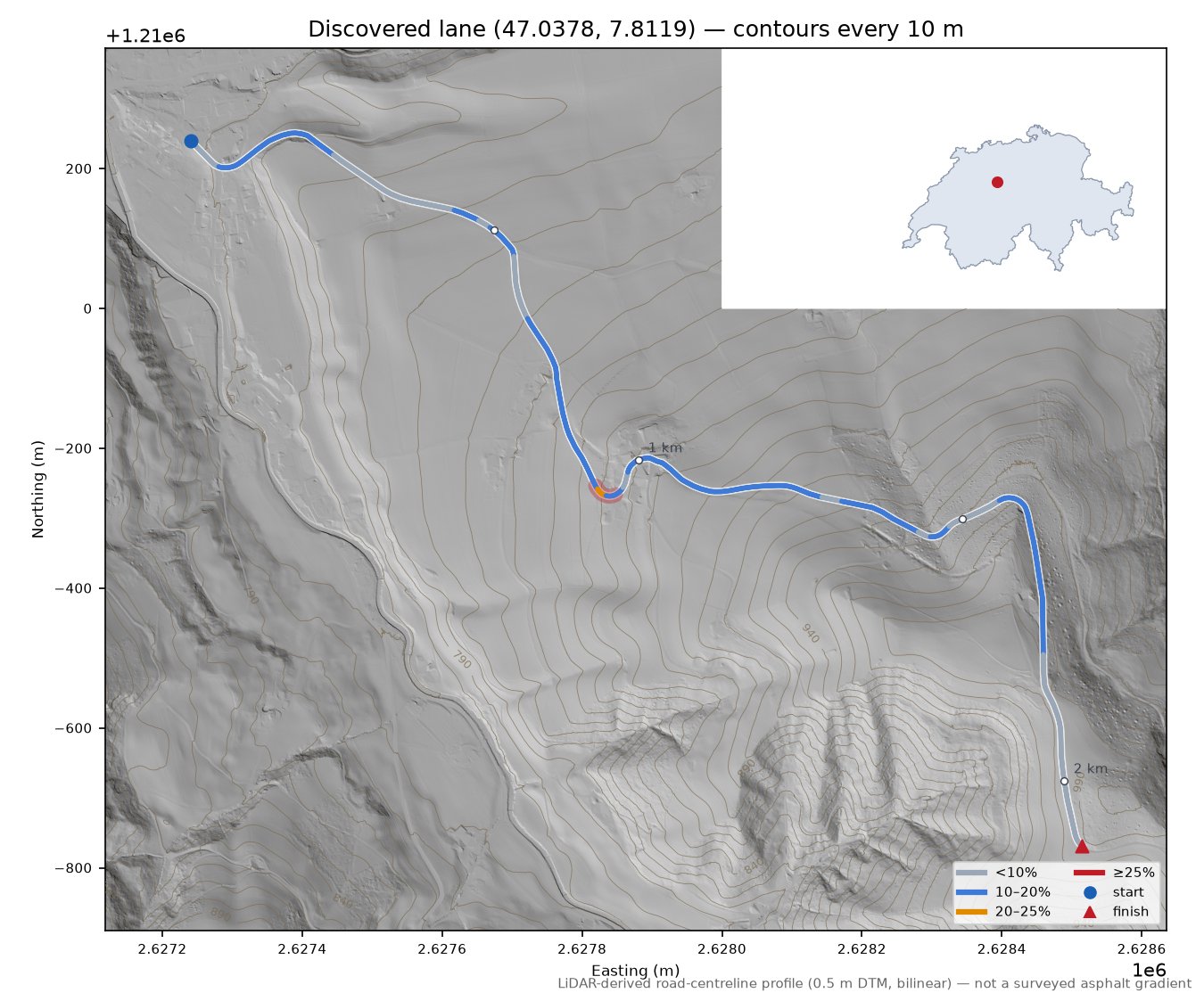 Discovered lane (47.0378, 7.8119) LiDAR hillshade map with contours