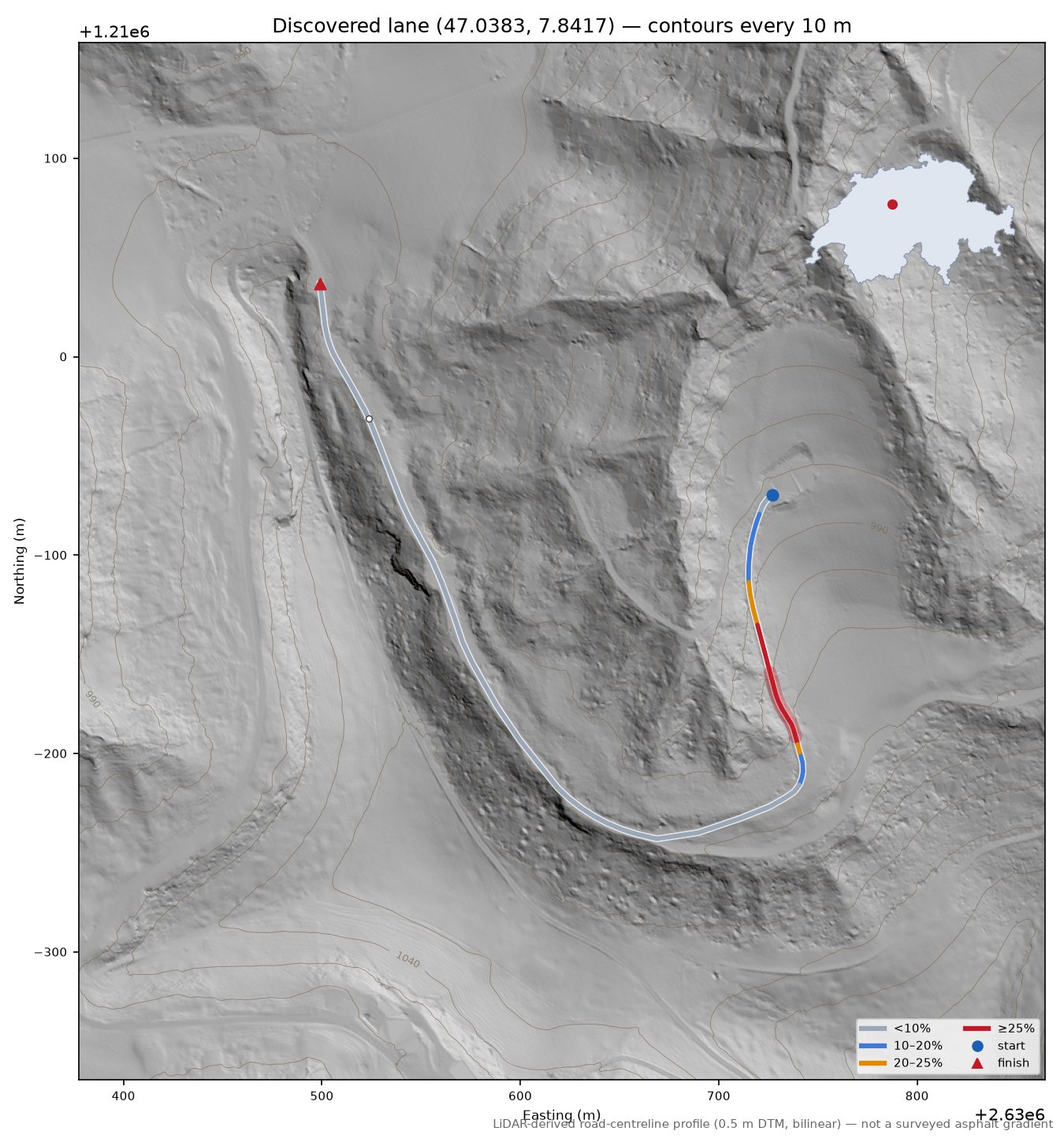 Discovered lane (47.0383, 7.8417) LiDAR hillshade map with contours