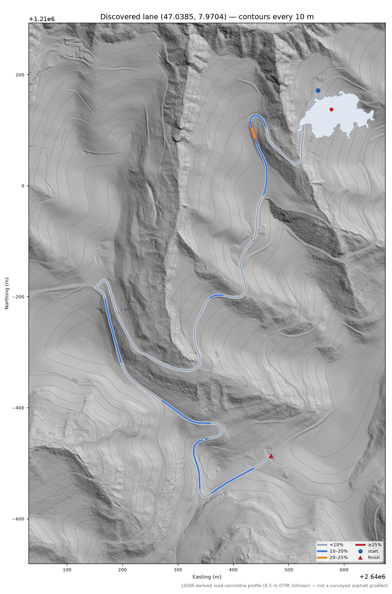 Discovered lane (47.0385, 7.9704) LiDAR hillshade map with contours