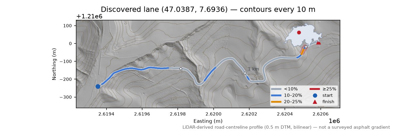 Discovered lane (47.0387, 7.6936) LiDAR hillshade map with contours