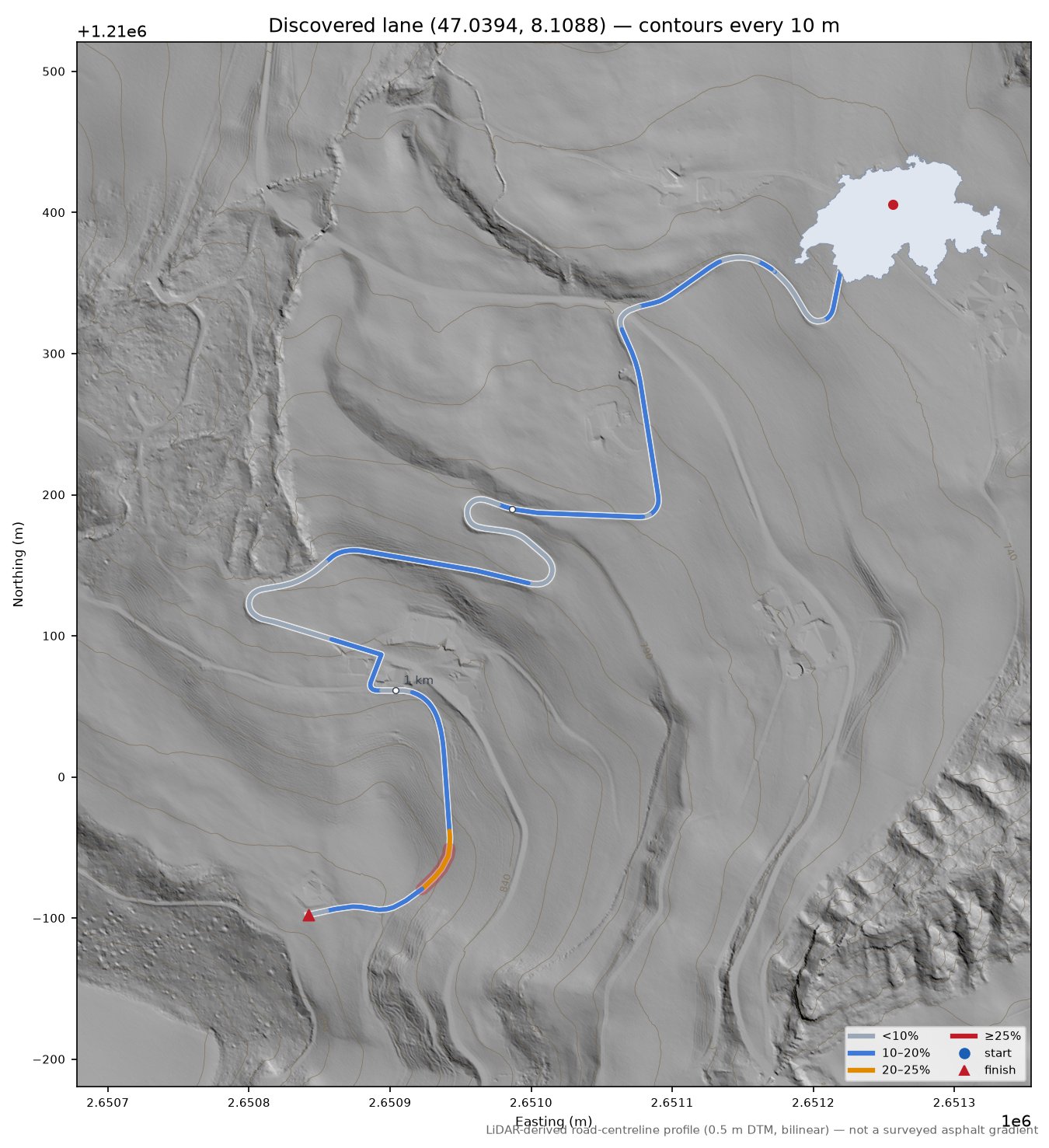 Discovered lane (47.0394, 8.1088) LiDAR hillshade map with contours