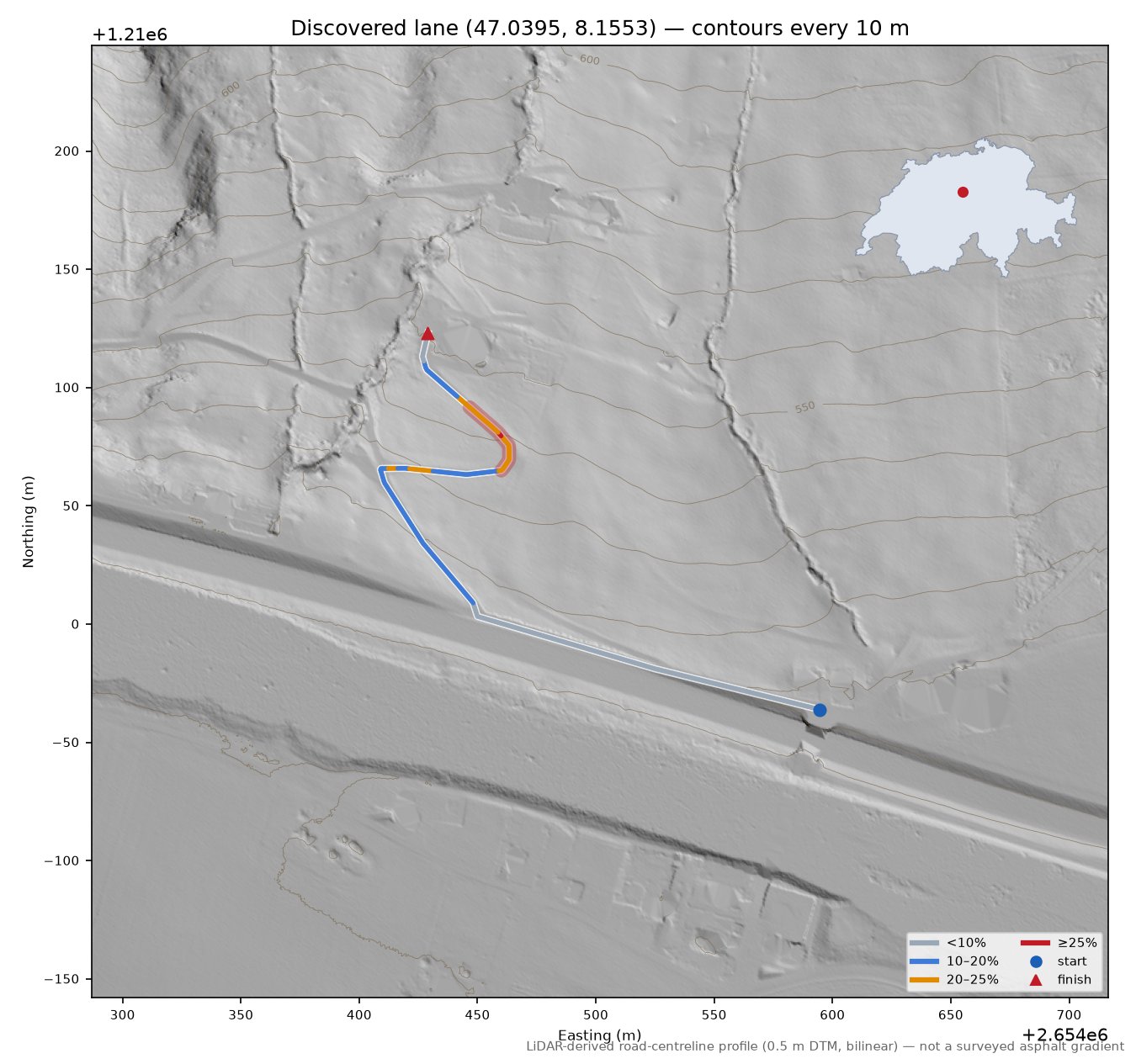 Discovered lane (47.0395, 8.1553) LiDAR hillshade map with contours