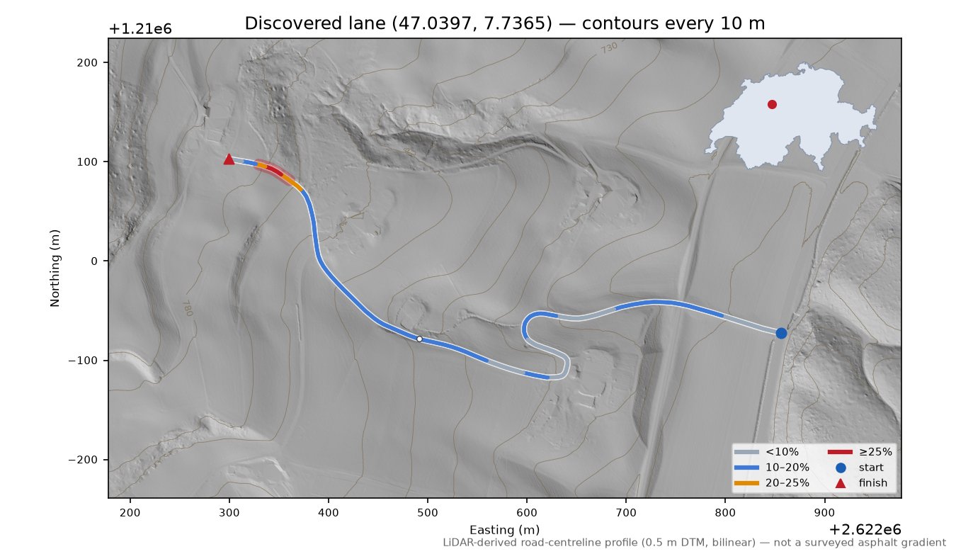 Discovered lane (47.0397, 7.7365) LiDAR hillshade map with contours
