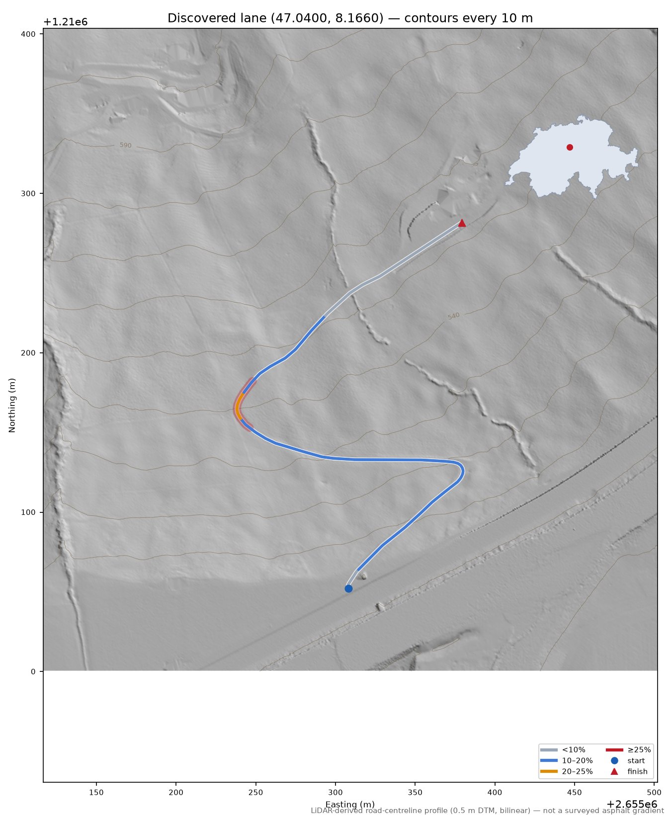 Discovered lane (47.0400, 8.1660) LiDAR hillshade map with contours