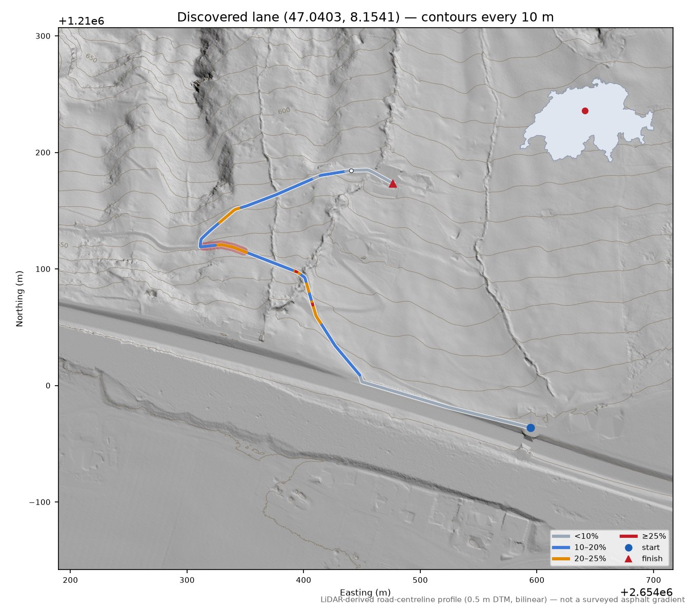 Discovered lane (47.0403, 8.1541) LiDAR hillshade map with contours