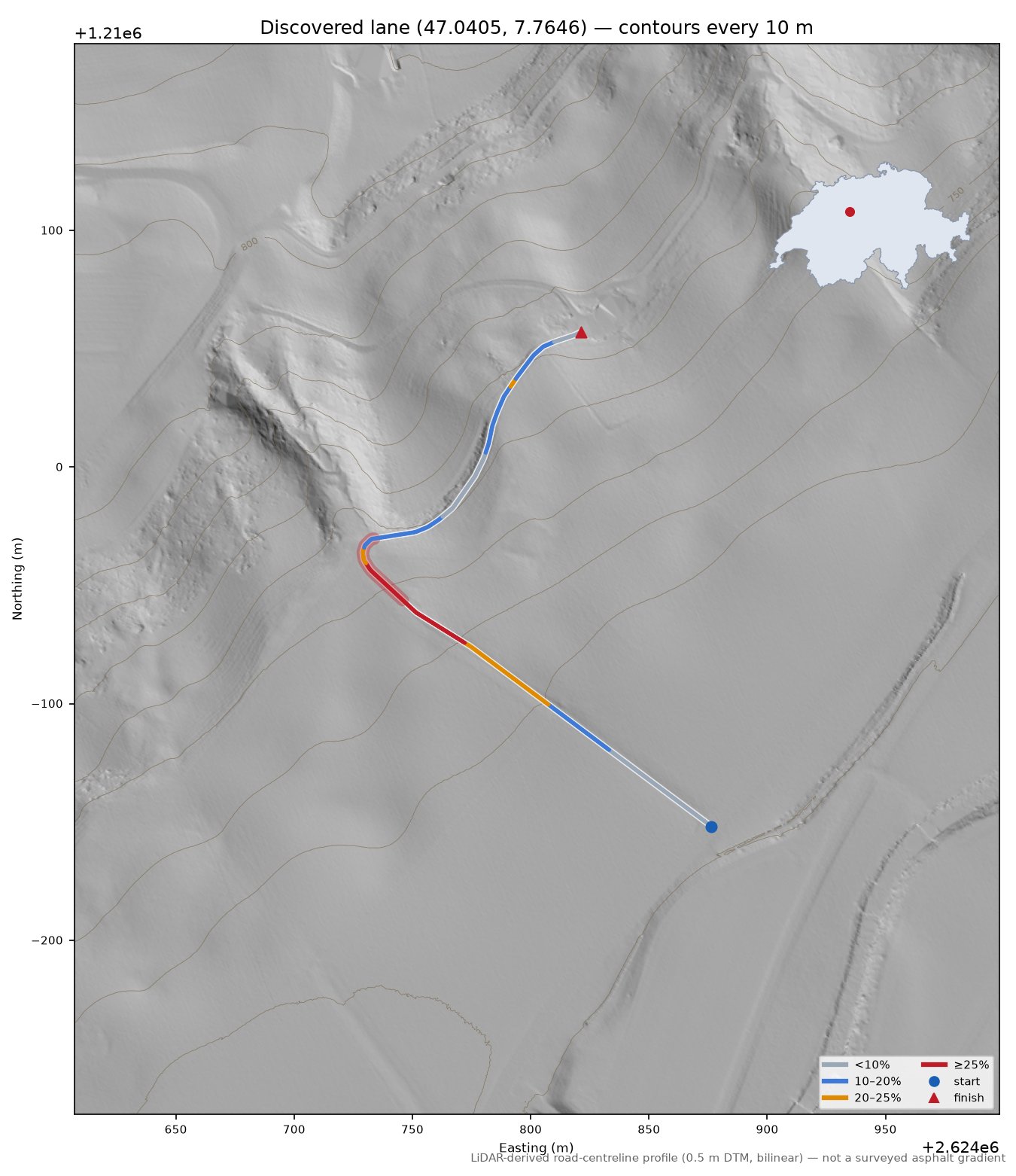 Discovered lane (47.0405, 7.7646) LiDAR hillshade map with contours