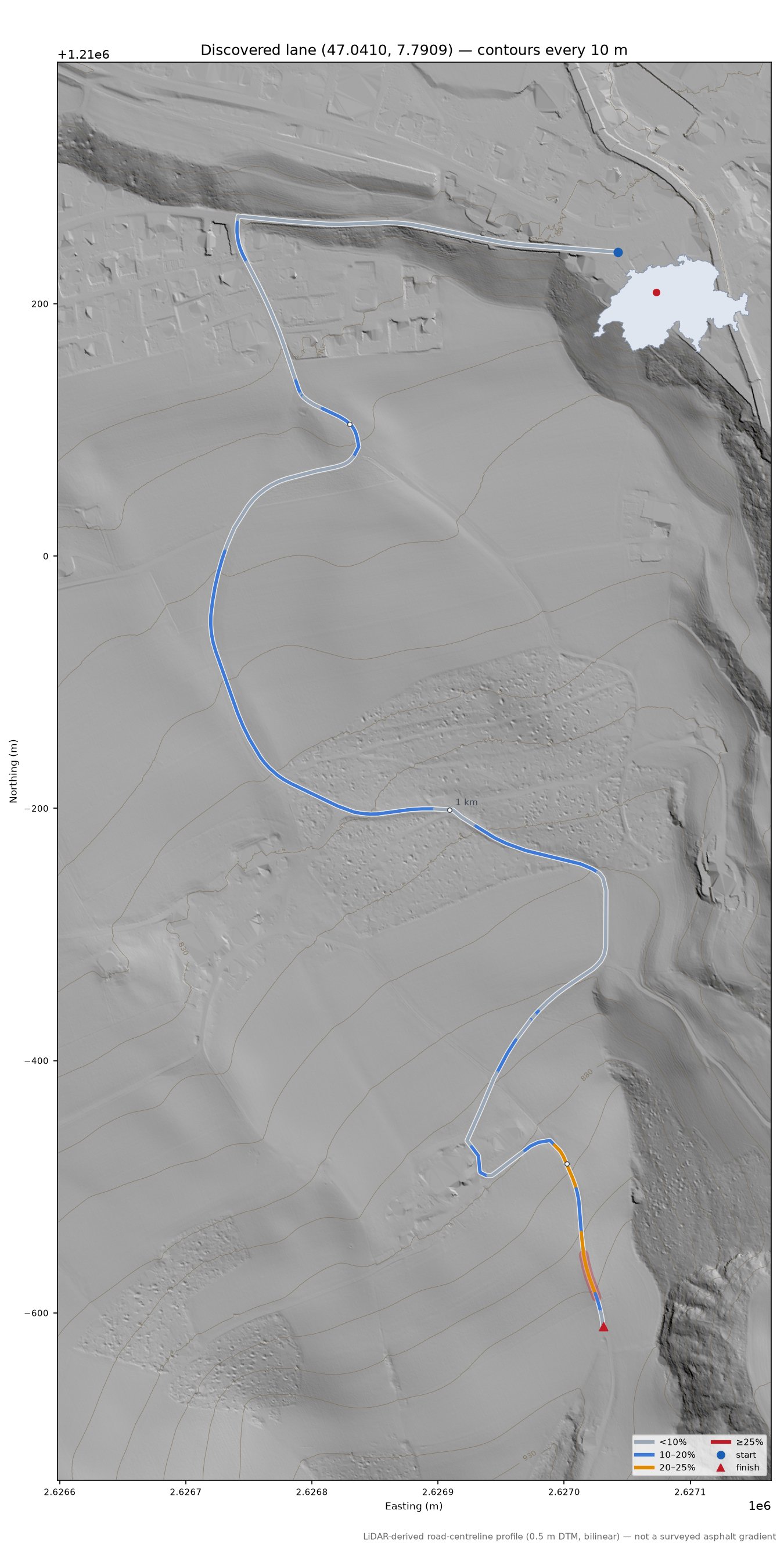 Discovered lane (47.0410, 7.7909) LiDAR hillshade map with contours