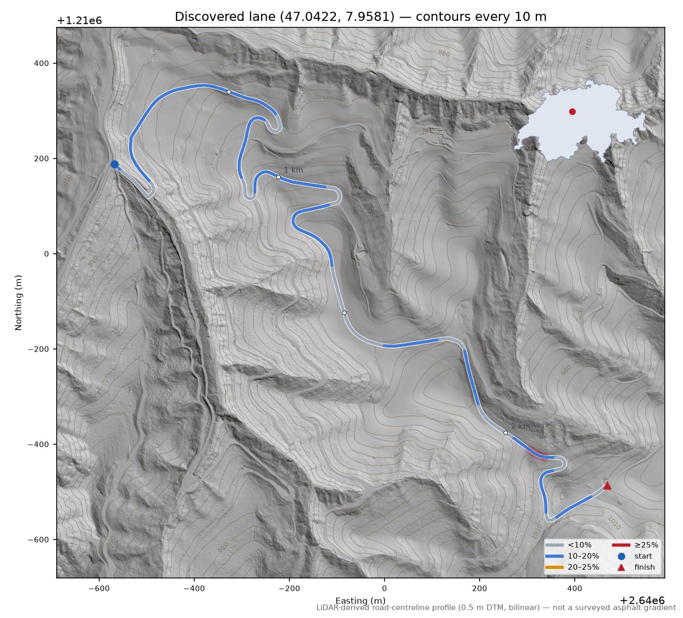 Discovered lane (47.0422, 7.9581) LiDAR hillshade map with contours