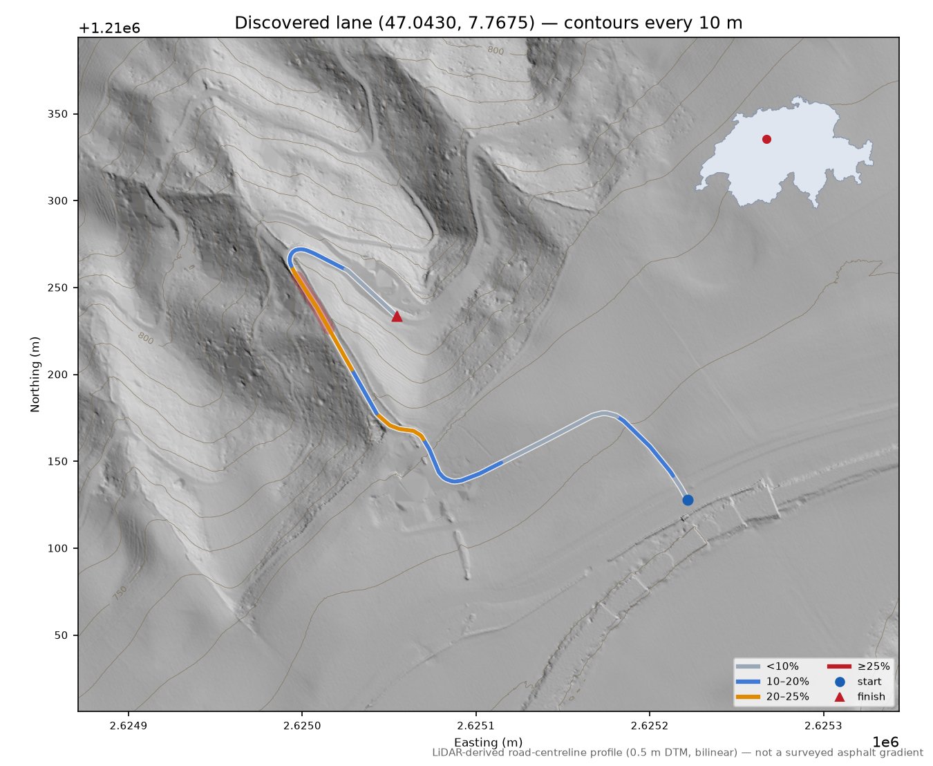 Discovered lane (47.0430, 7.7675) LiDAR hillshade map with contours