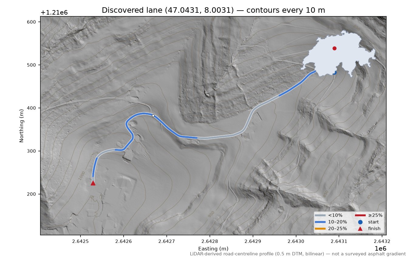 Discovered lane (47.0431, 8.0031) LiDAR hillshade map with contours