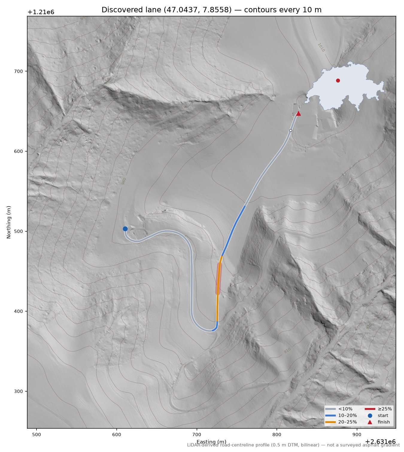 Discovered lane (47.0437, 7.8558) LiDAR hillshade map with contours