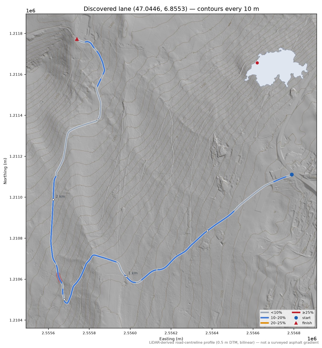 Discovered lane (47.0446, 6.8553) LiDAR hillshade map with contours