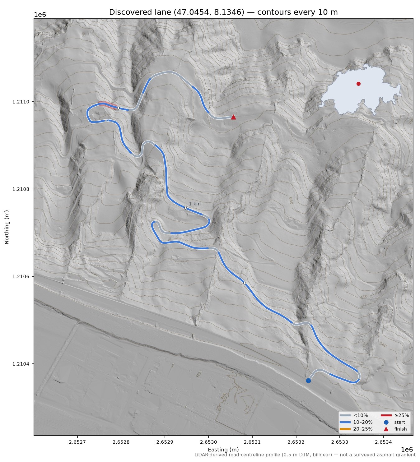 Discovered lane (47.0454, 8.1346) LiDAR hillshade map with contours