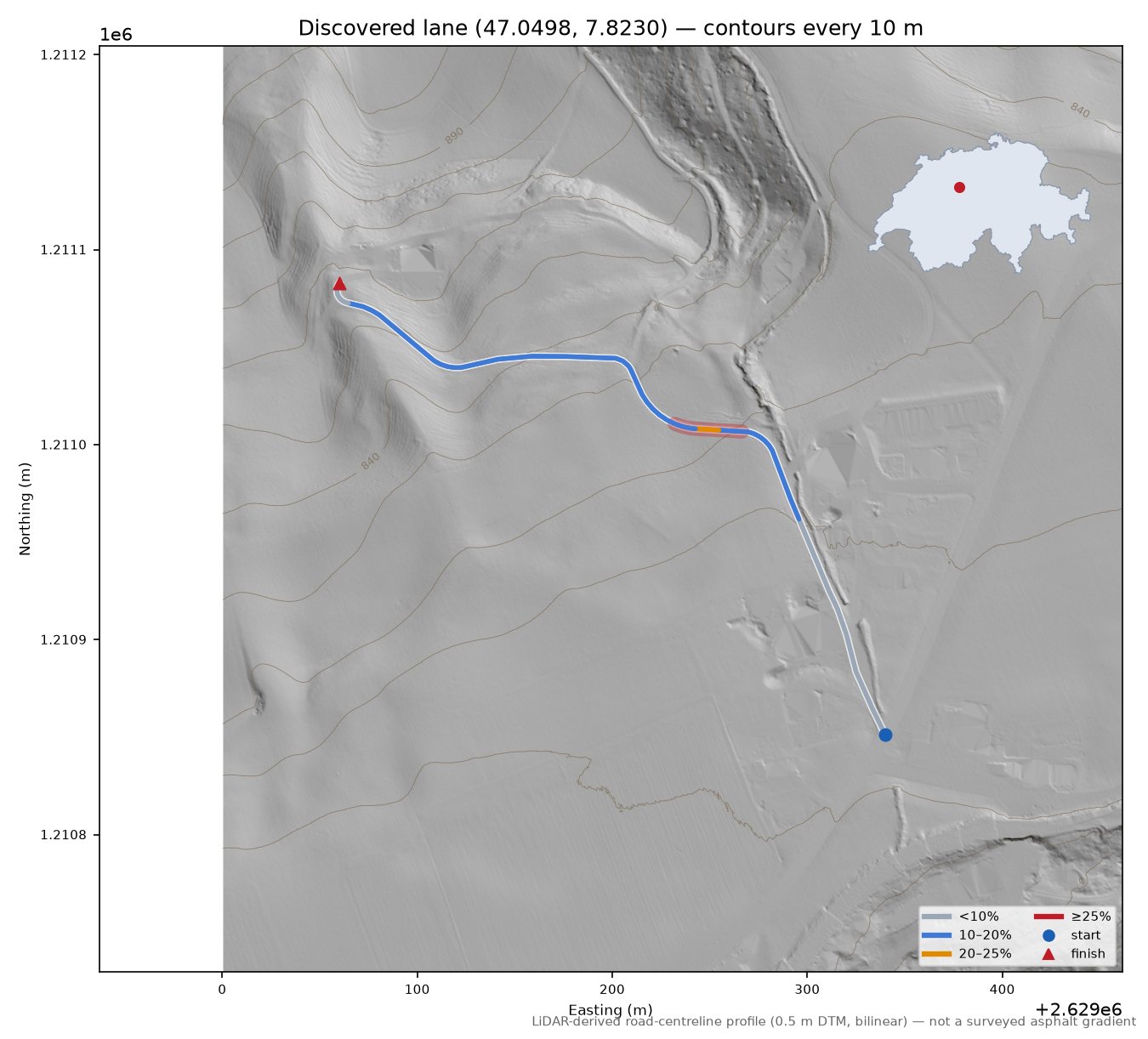 Discovered lane (47.0498, 7.8230) LiDAR hillshade map with contours