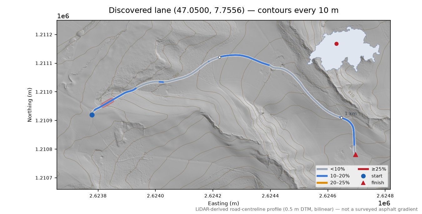 Discovered lane (47.0500, 7.7556) LiDAR hillshade map with contours