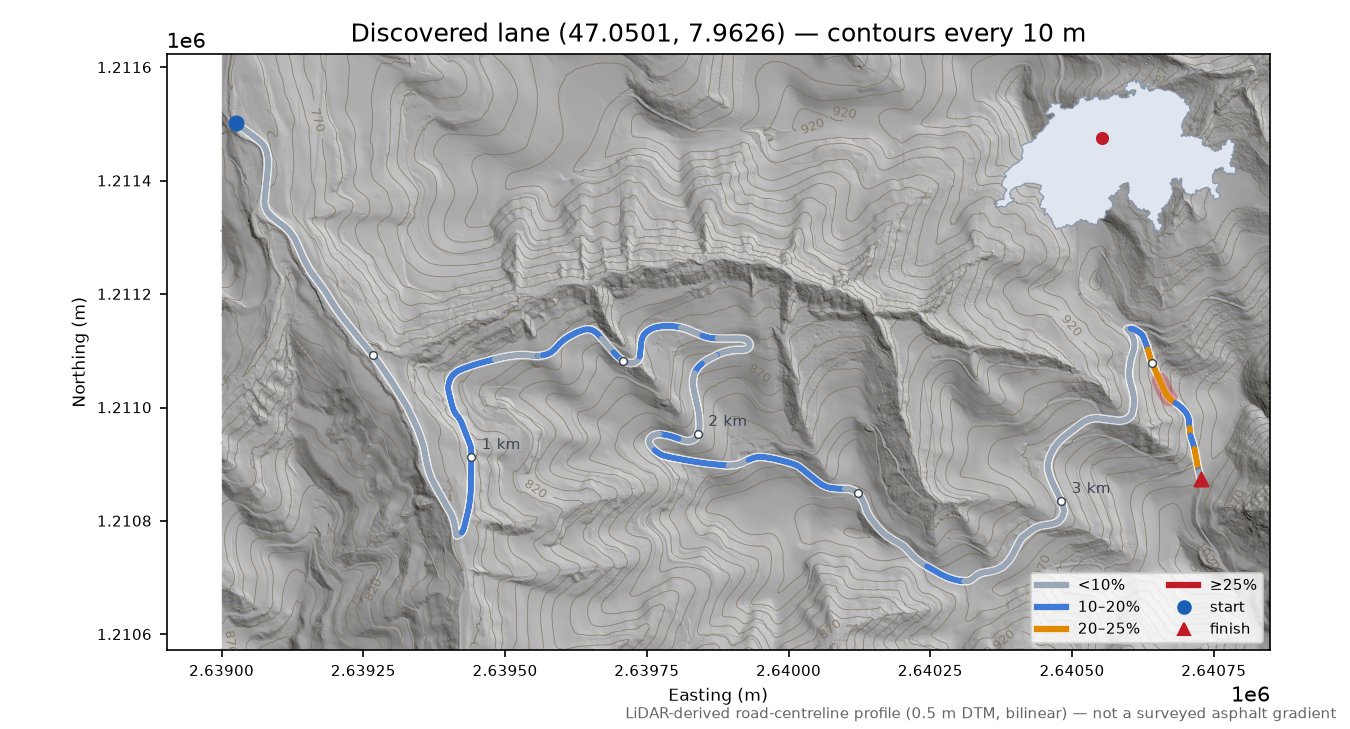 Discovered lane (47.0501, 7.9626) LiDAR hillshade map with contours