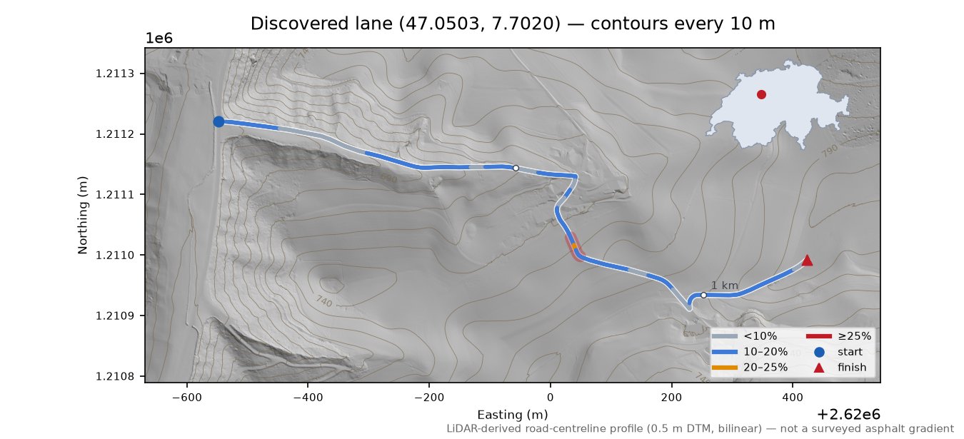 Discovered lane (47.0503, 7.7020) LiDAR hillshade map with contours