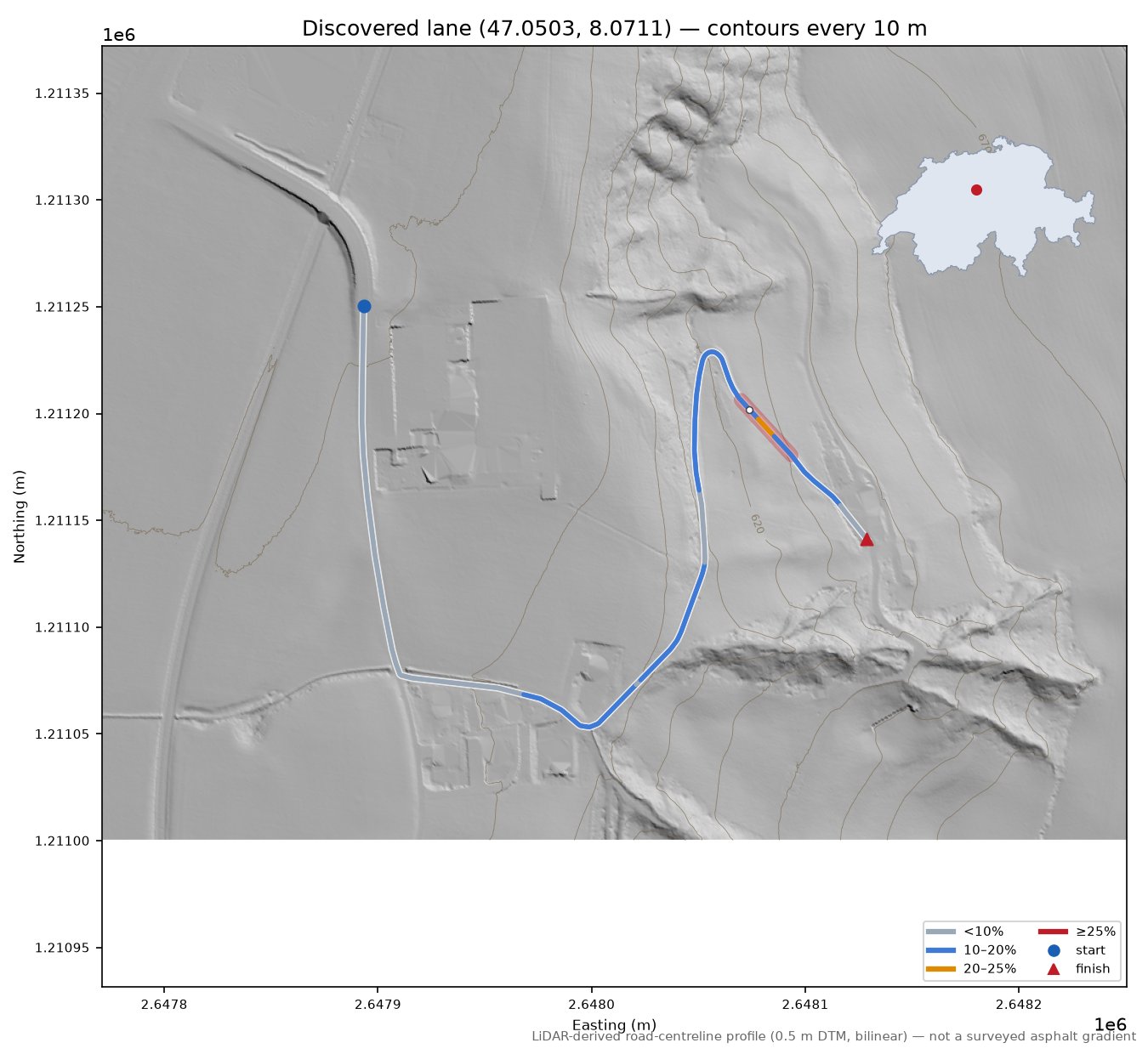 Discovered lane (47.0503, 8.0711) LiDAR hillshade map with contours