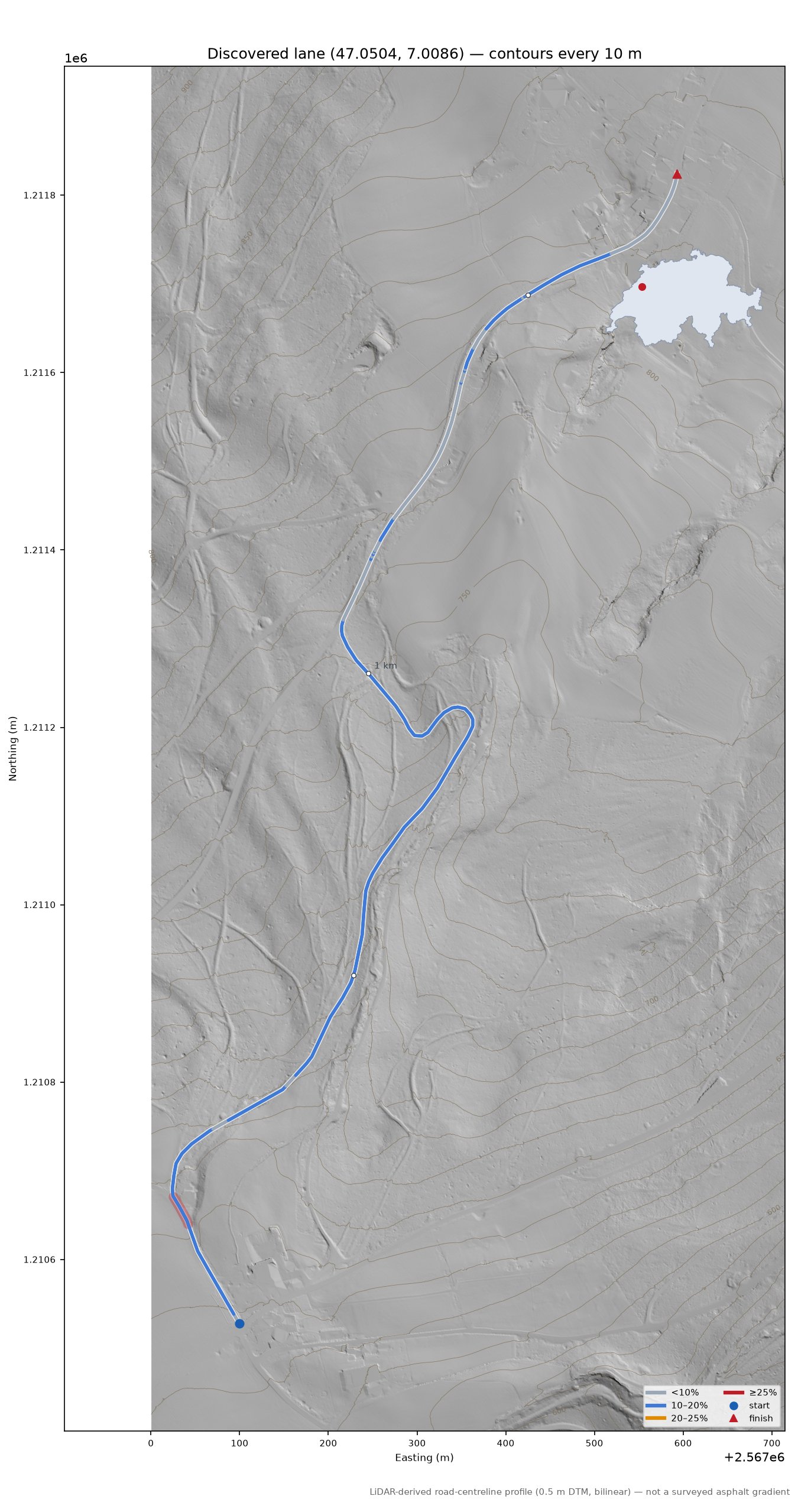 Discovered lane (47.0504, 7.0086) LiDAR hillshade map with contours