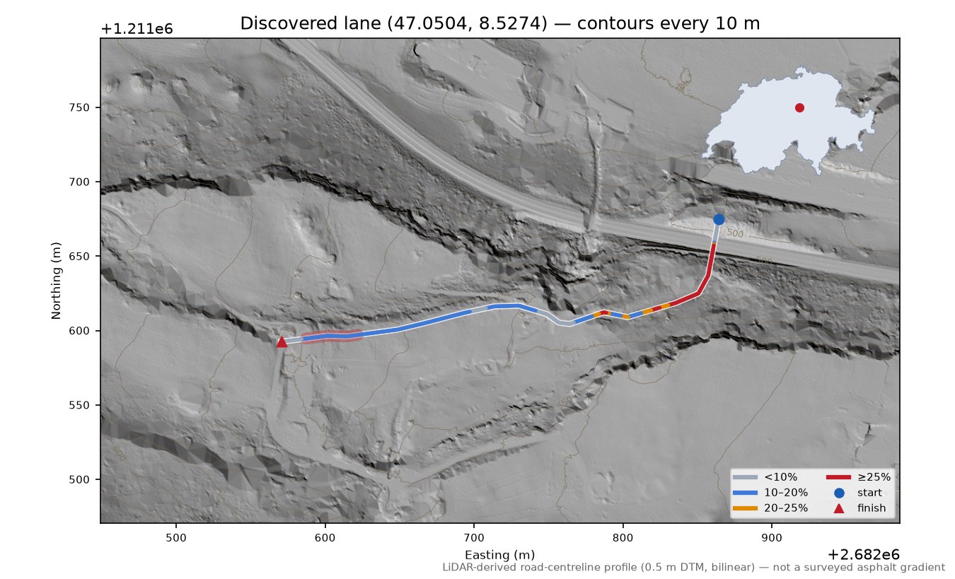 Discovered lane (47.0504, 8.5274) LiDAR hillshade map with contours