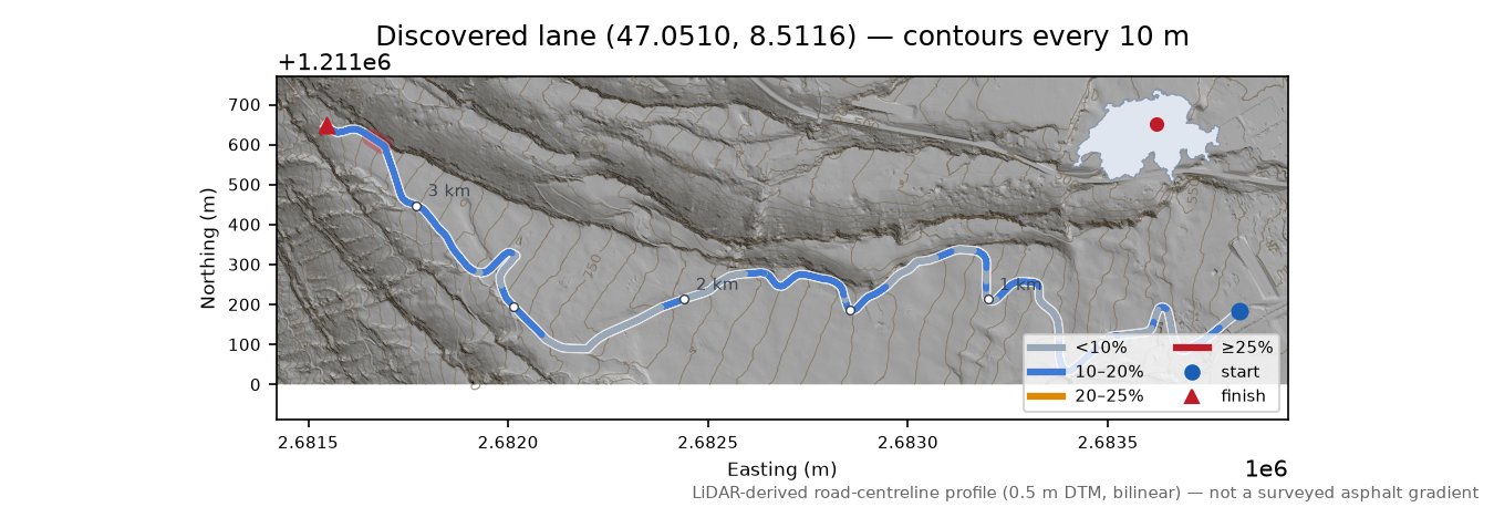 Discovered lane (47.0510, 8.5116) LiDAR hillshade map with contours