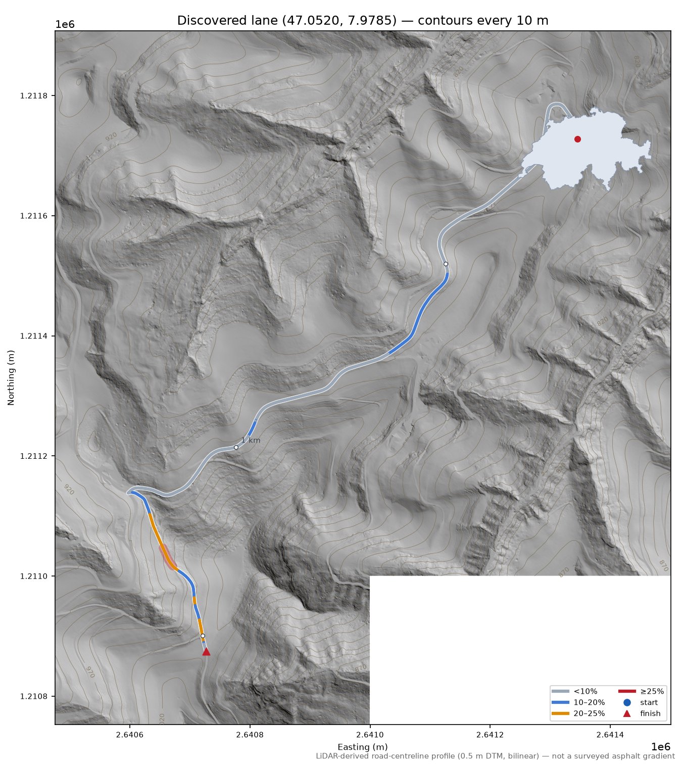 Discovered lane (47.0520, 7.9785) LiDAR hillshade map with contours
