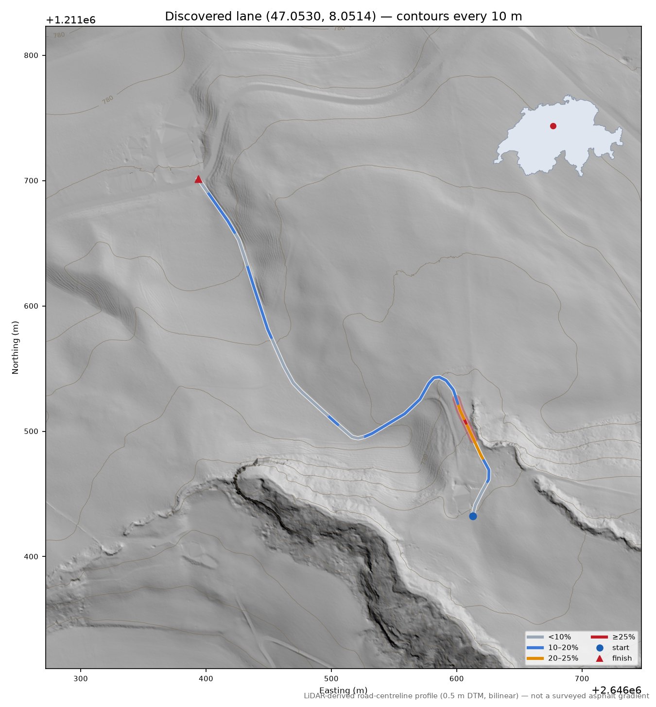 Discovered lane (47.0530, 8.0514) LiDAR hillshade map with contours