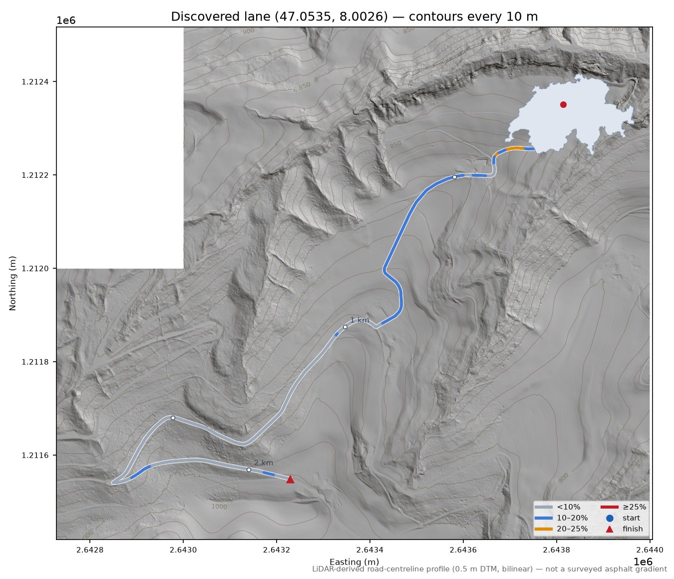 Discovered lane (47.0535, 8.0026) LiDAR hillshade map with contours