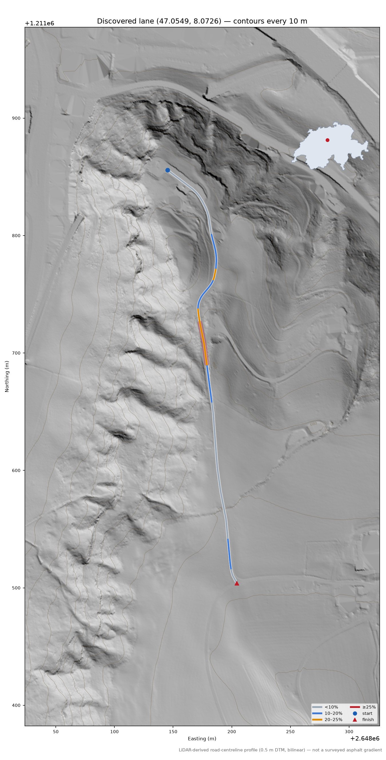 Discovered lane (47.0549, 8.0726) LiDAR hillshade map with contours