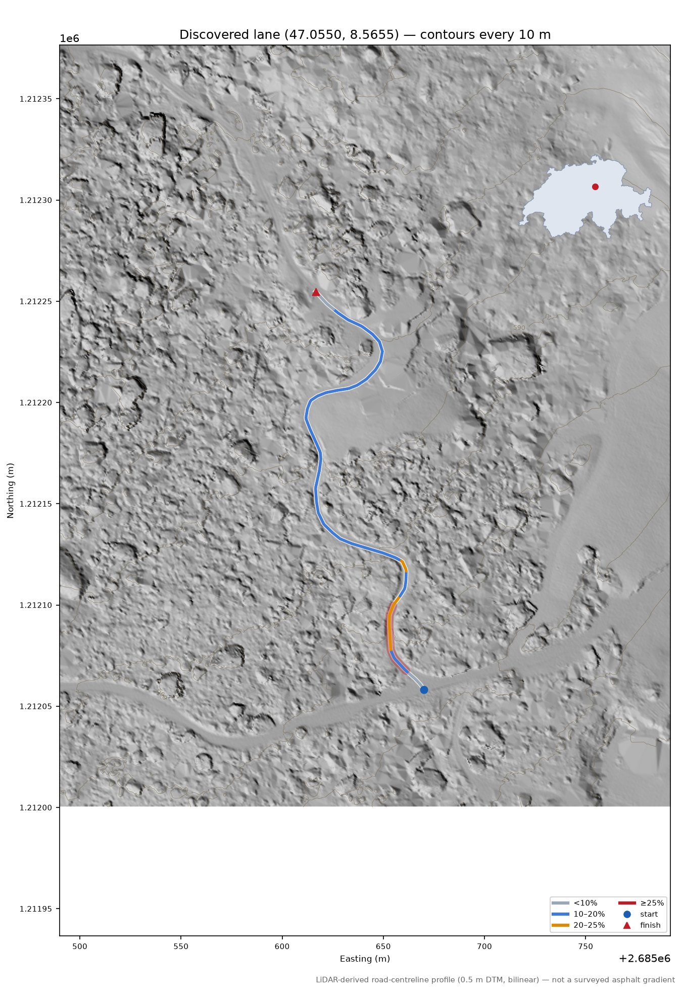 Discovered lane (47.0550, 8.5655) LiDAR hillshade map with contours