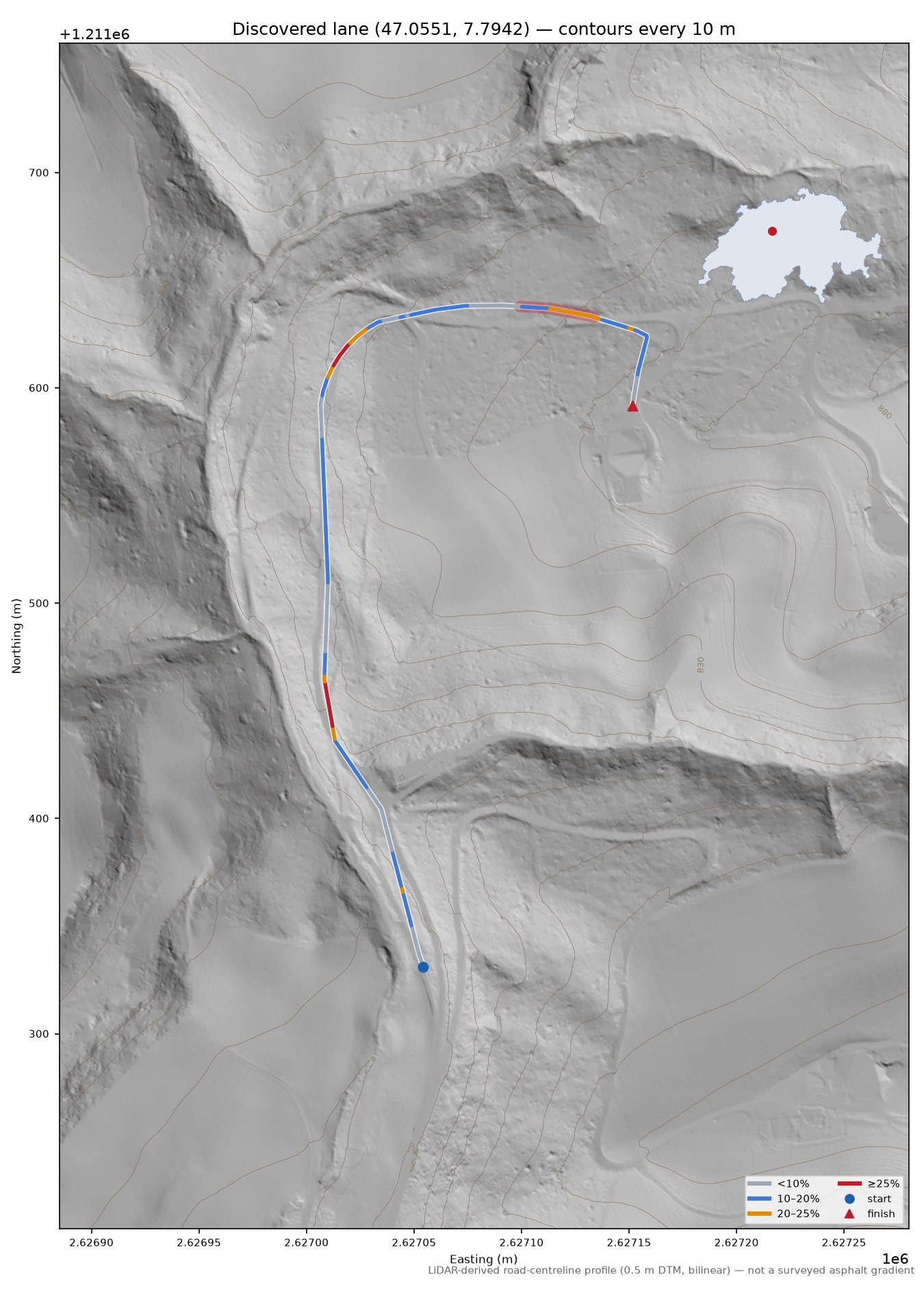 Discovered lane (47.0551, 7.7942) LiDAR hillshade map with contours