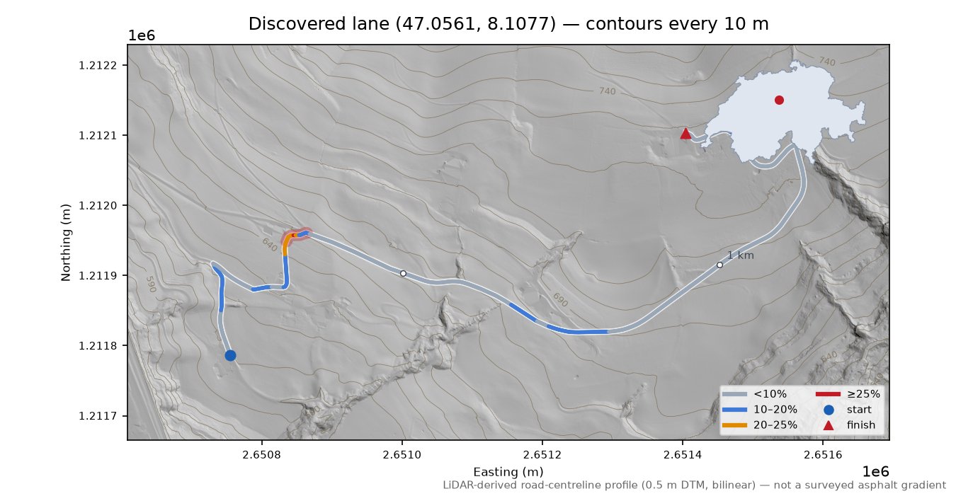 Discovered lane (47.0561, 8.1077) LiDAR hillshade map with contours