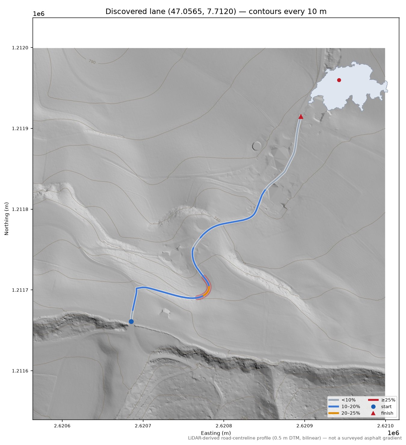 Discovered lane (47.0565, 7.7120) LiDAR hillshade map with contours