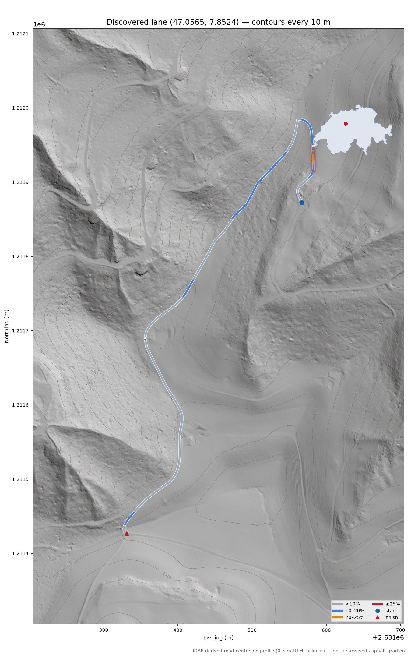 Discovered lane (47.0565, 7.8524) LiDAR hillshade map with contours